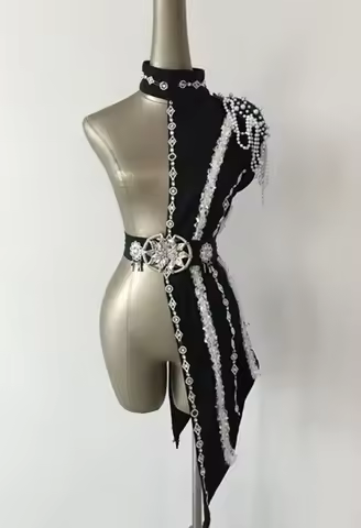 Women's Patchwork Stage Costume New Fashion Female Singer DS DJ Costume Adult Dancing Clothes with White Pearl Chain Collar