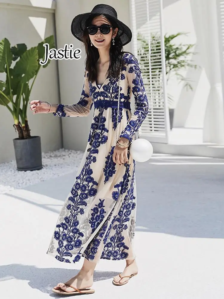 

Jastie 2024 Spring And Summer Beach Dresses For Women New Lace Long Dress Boho Seaside Embroidered Jacquard Maxi Dress