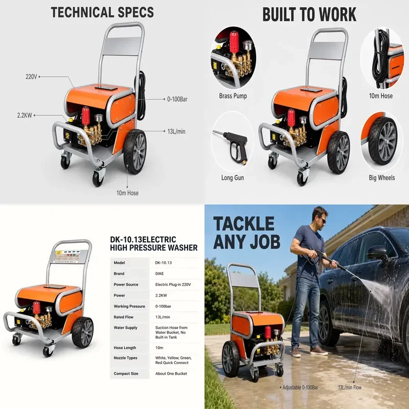 for DIKE 220V Electric High Pressure Washer 2.2KW 100 Bar 13L/min Mobile Car Wash Self-priming 4 Nozzles Stainless Steel