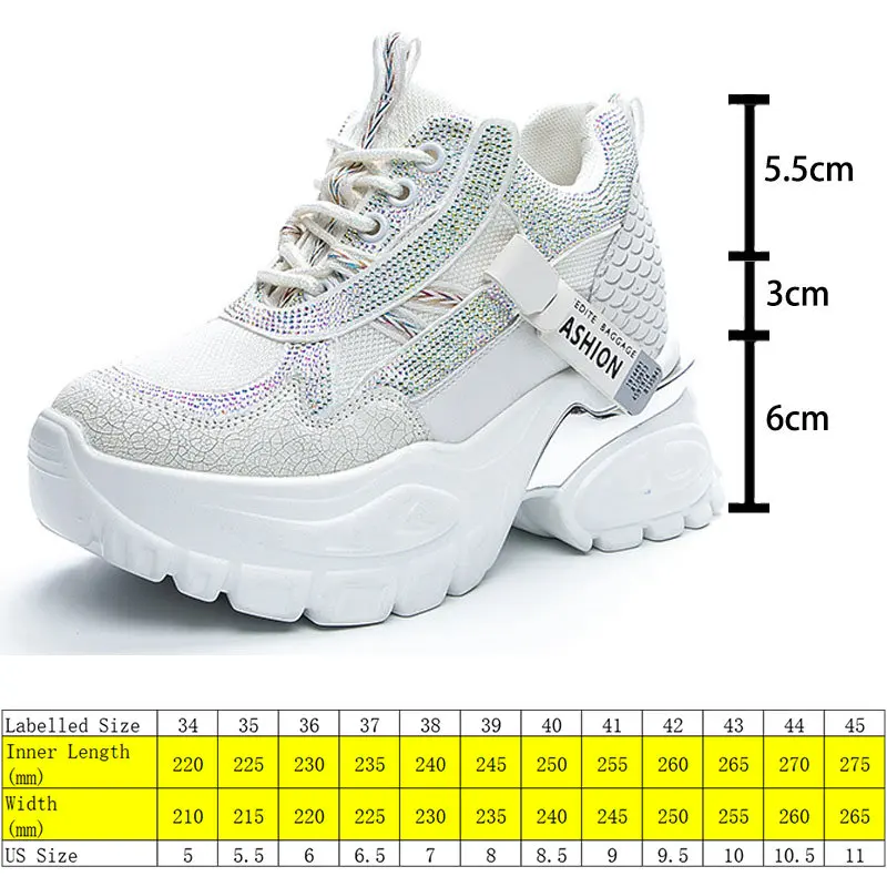 Fujin 9cm Genuine Leather Rhinestone Bling Platform Wedge Women Fashion Chunky Sneakers Spring Summer Autumn Breathable Shoes