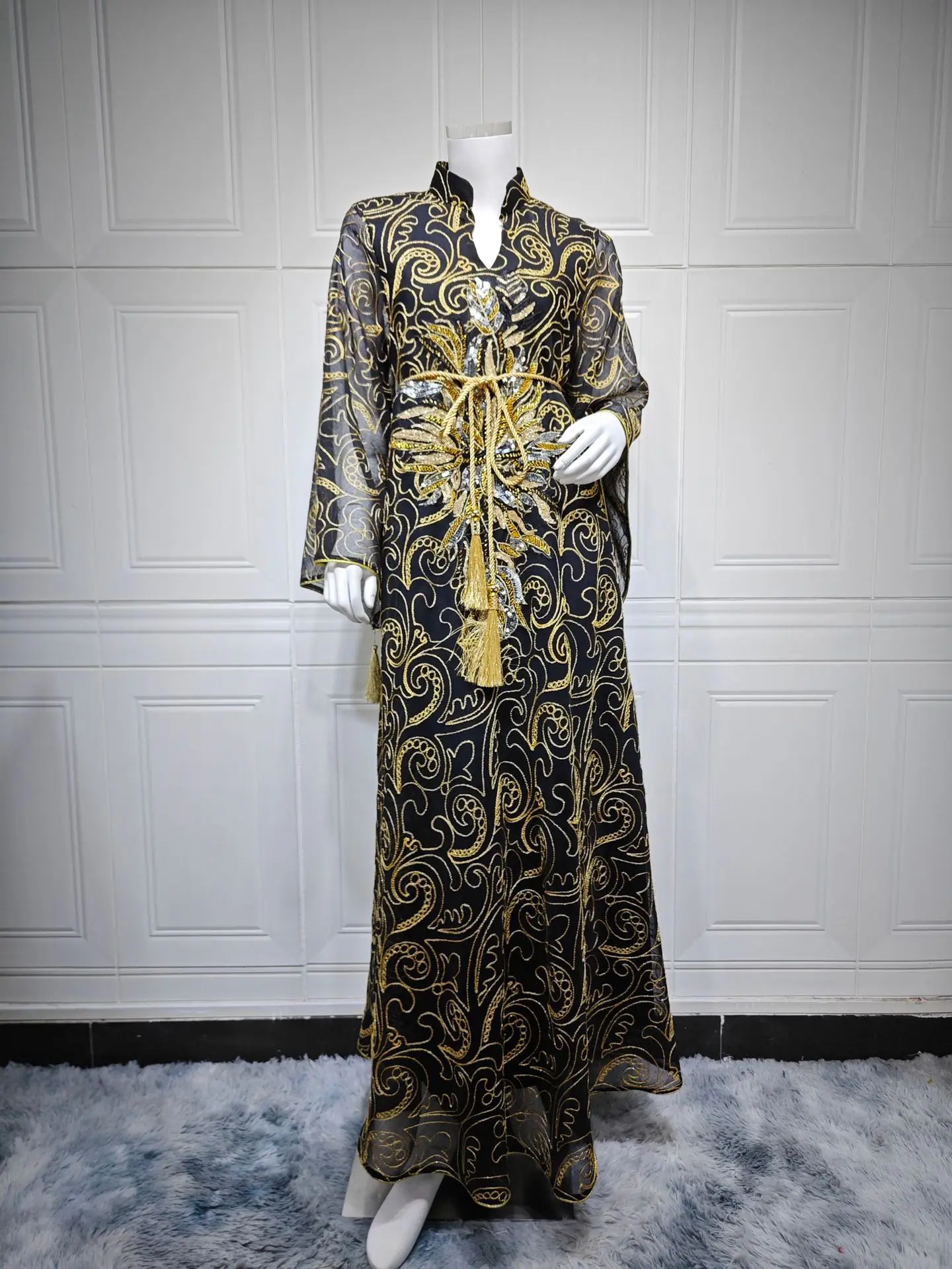 

Рамадан: Дубайская абайя с пайетками и вышивкой, кафтан с сетчатыми рукавами и поясами, элегантное свободное платье для мусульманок