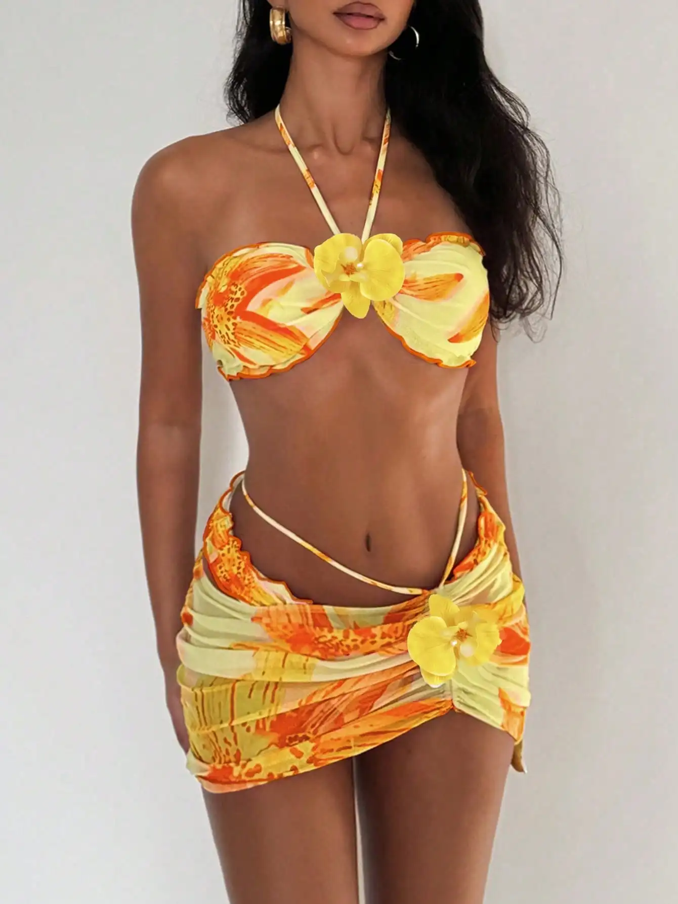 3-Piece Yellow Floral Swimsuit Set, Strapless 3D Flower Top & Wrap Skirt, Summer Vacation Beachwear for Women