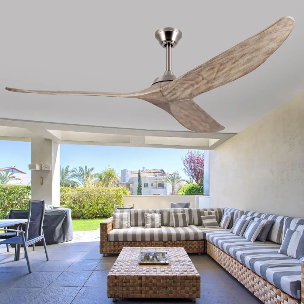 60 Inch Ceiling Fan No Light,Driftwood Grey Ceiling Fan 3 Blade Solid Wood Ceiling Fan-Brushed Nickel,Fan for Patio Exterior