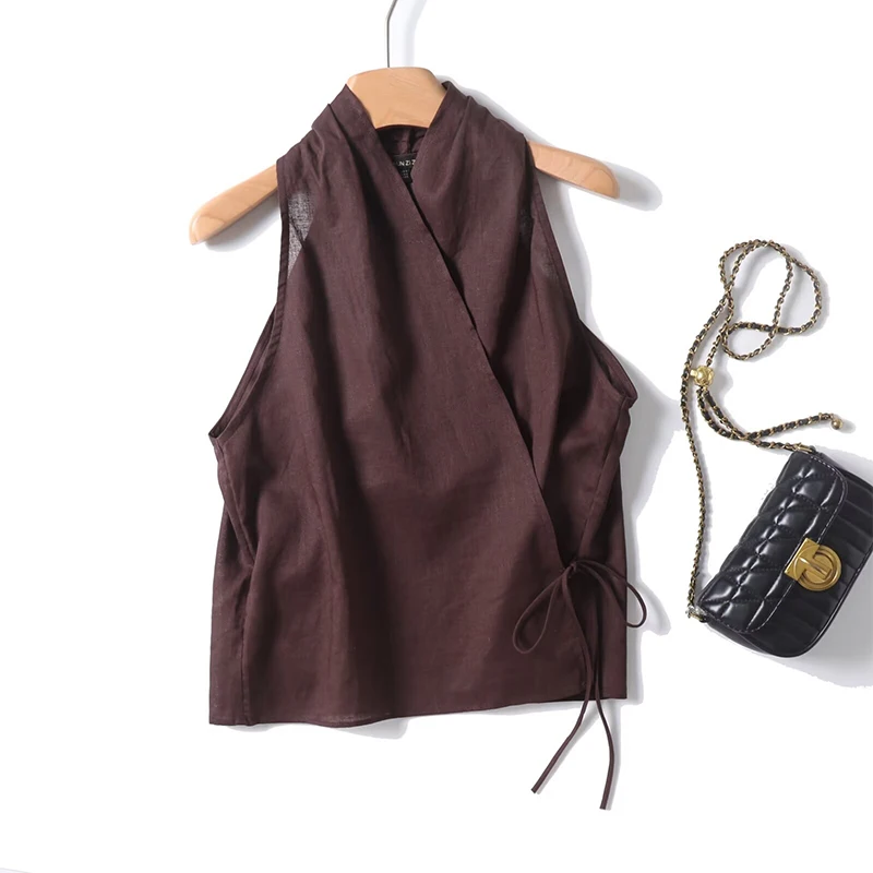 YENKYE Summer Cross V Neck Women Sleeveless Tank Top Versatile Fashion Ladies Casual Coffee Crop Top