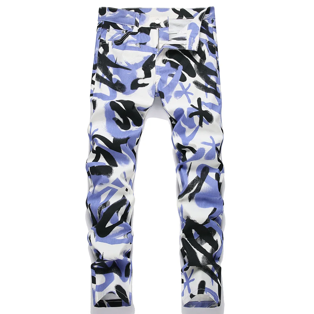 

Men's Graphic Print Jeans Fashion White Stretch Lightweight Denim Slim Straight Pants Casual Printed Trousers