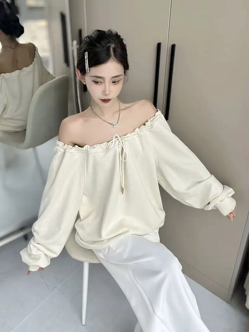 Sweatshirts Women Sexy Drawstring O Neck Long Sleeve Loose Off Shoulder Vintage Autumn Fashion Tops Female Casual