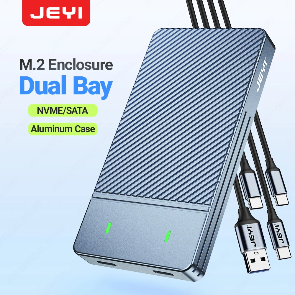 JEYI Dual Bay M.2 NVMe SATA SSD Enclosure, USB 3.2 Gen 2 10Gbps Aluminum Case for M.2 PCIe 2280/60/42/30 SSD. Support UASP Trim