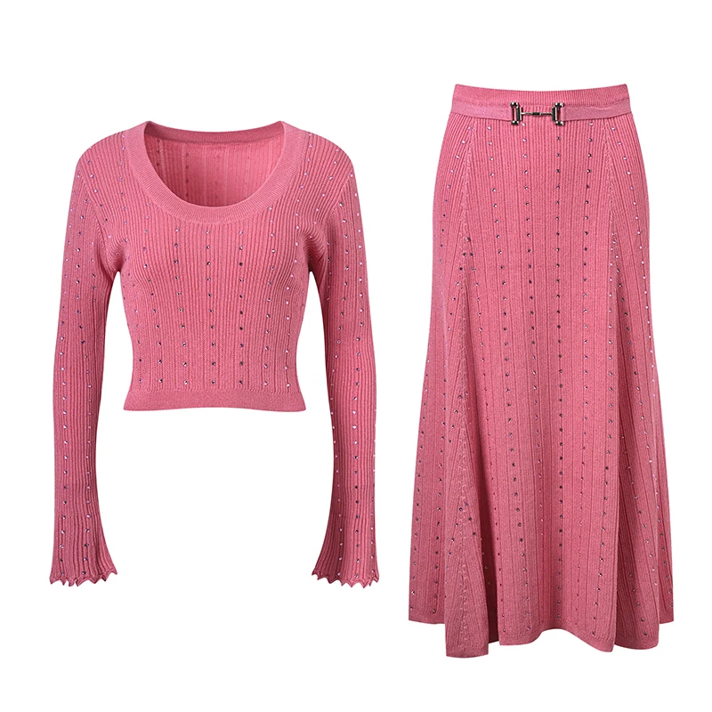 

Ele round Ne Knitted Base irt Diamond Embellied Top And Skirt Two Piece Set for Women High End Version Euro Sle