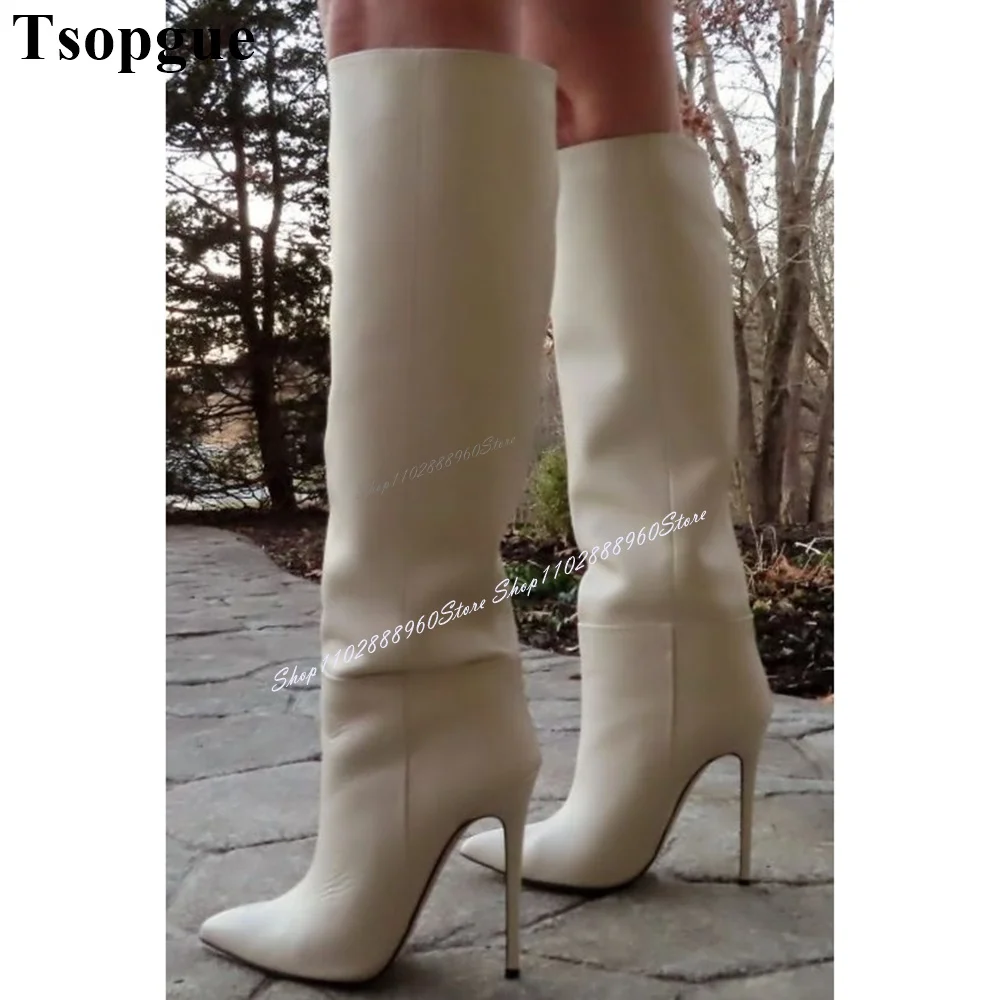 Knee High Elegant White Leather Simple Boots Thin High Heel Women Shoes Slip-On Pointed Toe 2024 Fashionable Zapatos Para Mujere