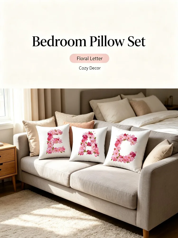 Cherry Blossom Floral Alphabet Initial Letter Pillow Cover Decorative Cushion Case For Sofa Bedroom Home Decoration, Without Ins