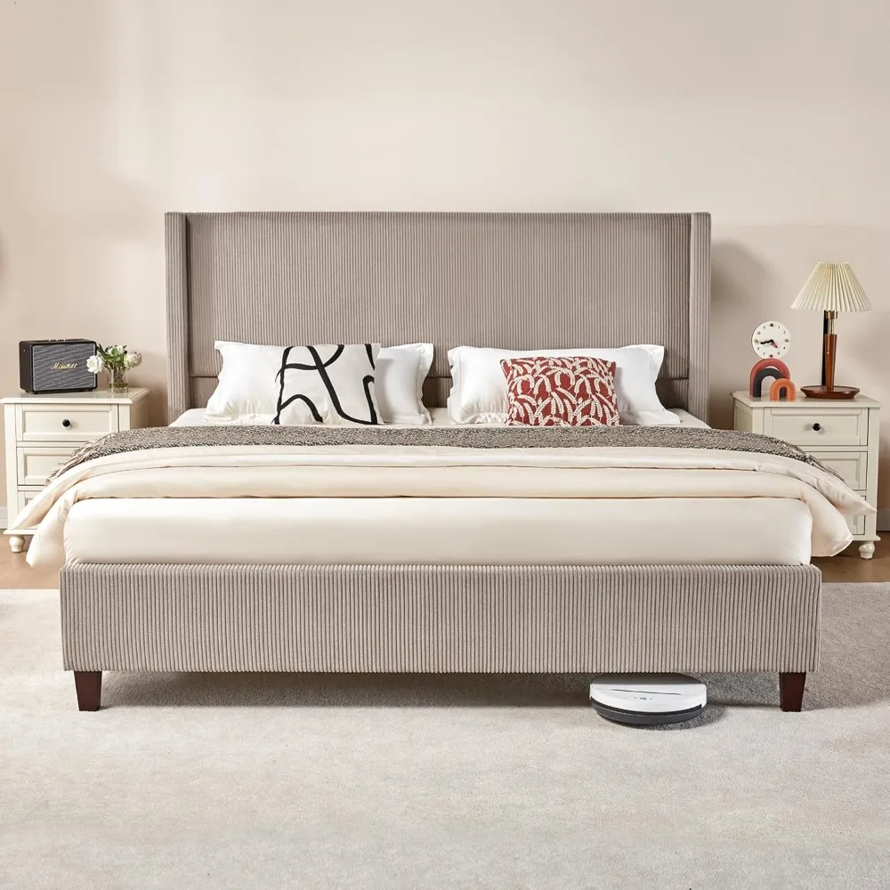 Large platform bed frame, 50.8-inch corduroy cushioned bed with vertical channel cluster headboard/no need for springs