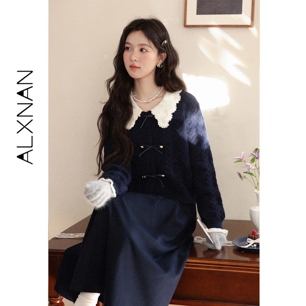 ALXNAN Navy Blue Sweater Women 2026 Autumn Color Block Lapel Bow Placket Elegant Long Sleeve Knit Sweater Ladies DYL662163