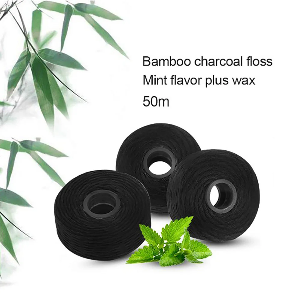 Fio dental de carvão vegetal de bambu, carretel embutido, palito de fio, núcleo de substituição do fio dental, sabor menta, preto, 50m