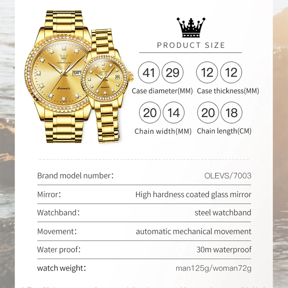 OLEVS часы для пар, лучший бренд, роскошные модные оригинальные автоматические механические наручные часы из нержавеющей стали, водонепроницаемые светящиеся дата