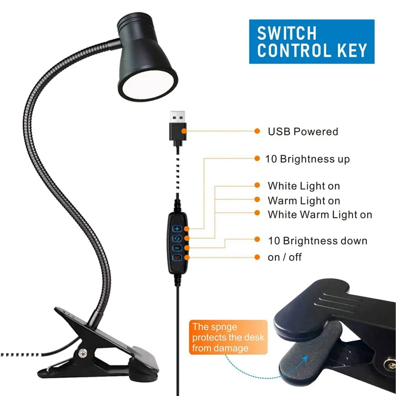 Horn Models Clip Desk Lamp LED Reading USB Student Eye Protection Desktop 360 ° Turn 3 Hue Lights 10 Brightness 7W Suitable for