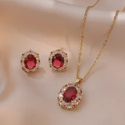 Red Stone Oval Stud Earrings Pendants Clavicle Necklaces For Women Stainless Steel Chains Zircon Engagement Jewelry Sets Gifts