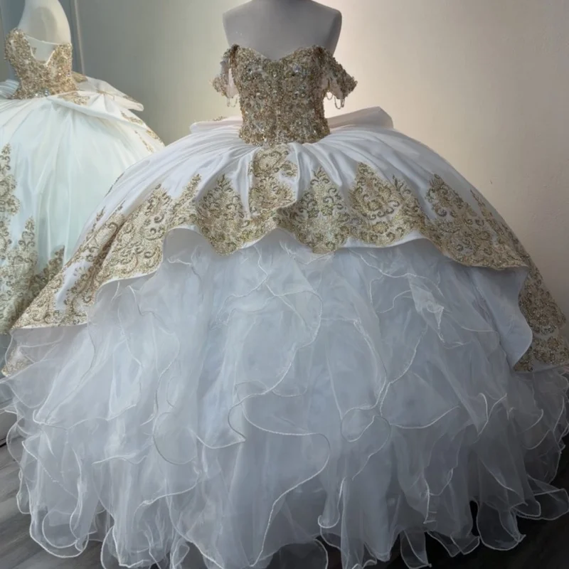 

White Quinceanera Dresses Off the Shoulder Glitter Crystal Decal Lace Layering Long tail Vestido e 15 Quinceanera Customize