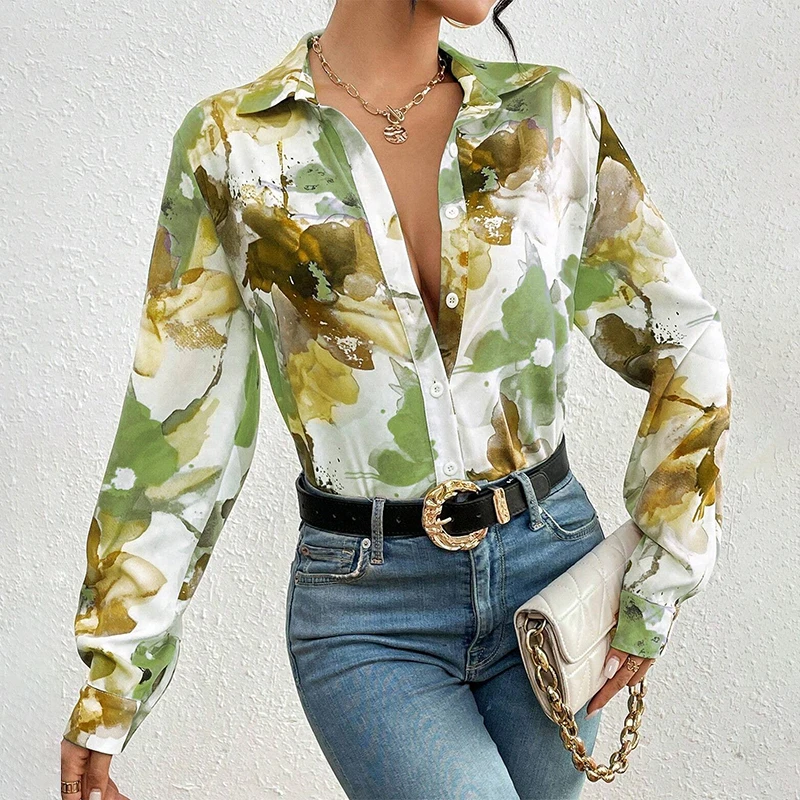 Elegante camisa con botones con estampado Floral para mujer, Blusa de manga larga con solapa de otoño, blusa de 2024 para mujer, blusas de Camisa ajustada