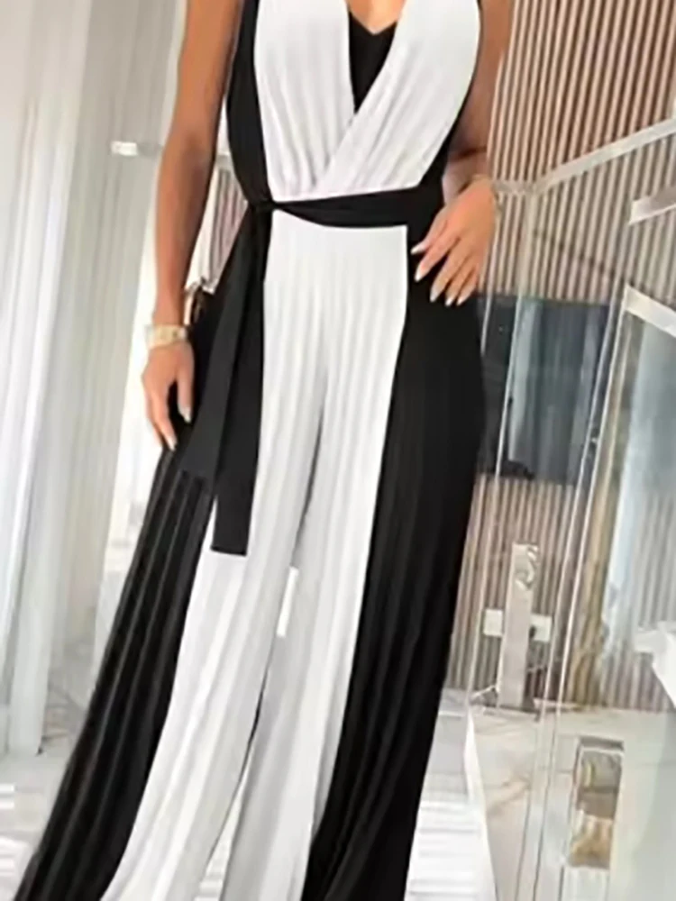 

Женский сексуальный комбинезон с v-образным вырезом на шнуровке, новый винтажный плиссированный комбинезон с широкими штанинами, лоскутный комбинезон без рукавов с цветными блоками