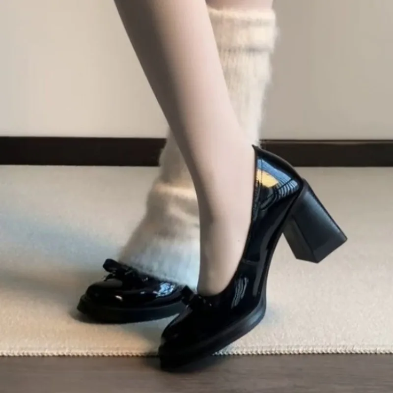 Round Toe Bowknot Decor Slip on Dress Shoes for Daily Office Formal Wedding Evening Party Footwear Women's Block Heel Pumps