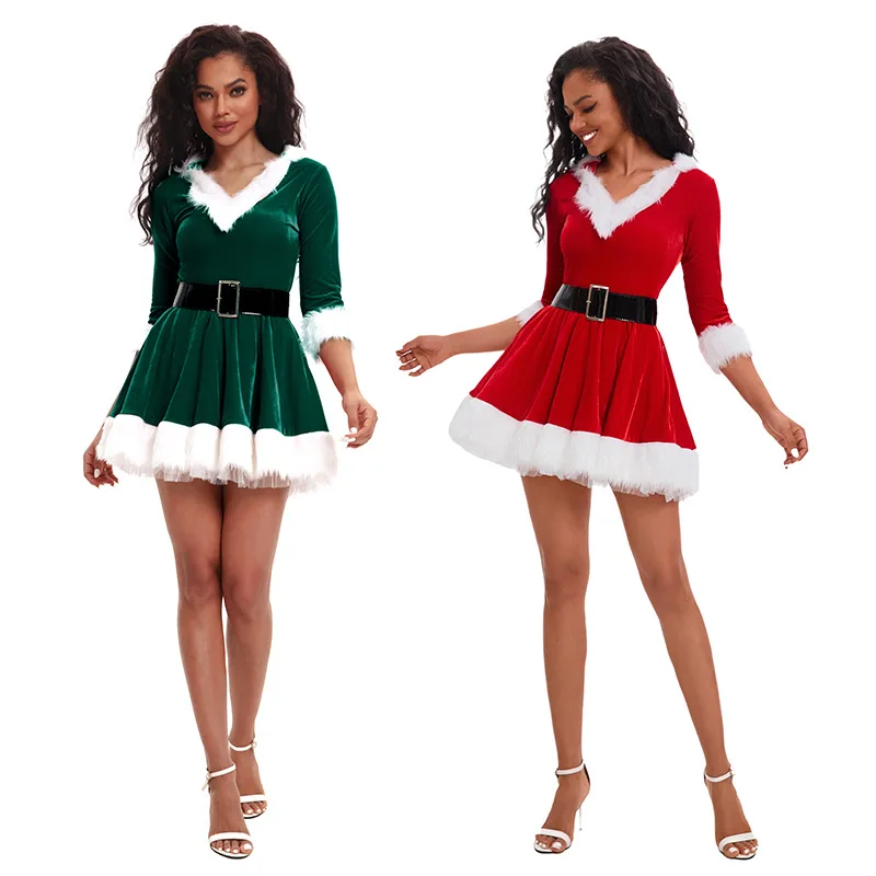 Neue Mode Frauen halbe Ärmel solide beliebte Damen Santa Claus Weihnachten Thema Kostüm Cosplay Outfit Taille Gürtel Phantasie Weihnachts kleid