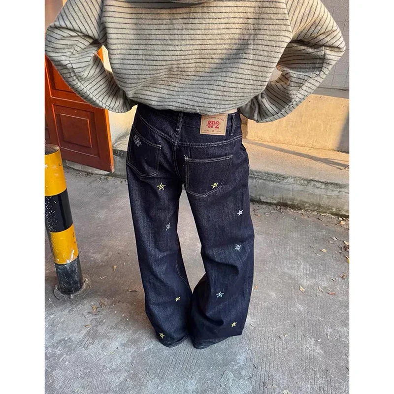 

Y2k женские синие мешковатые широкие джинсы 2000-х годов уличная одежда японский гранж джинсовые брюки с вышивкой High Street американский ретро осень