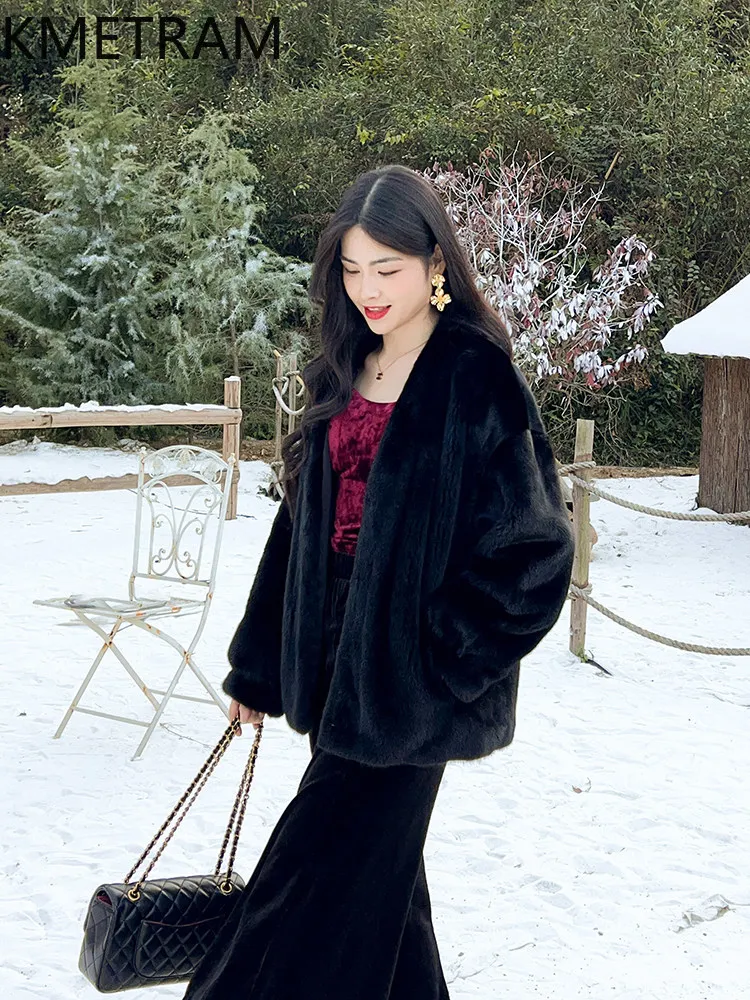 KMETRAM Samt-ähnliche 100% Natürliche Nerzpelz-Jacken Damen Mode V-Ausschnitt Echte Nerzpelz-Mantel Winterjacke Damenkleidung 2026