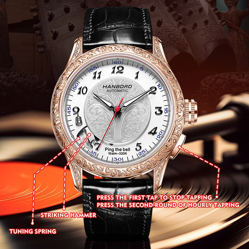 HANBORO Mechanical Alarm Watch Men Automatic Ping Bell Hourly Chime Luxury 100M Waterproof Sapphire Steel Business Unique image 2