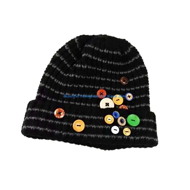 

E56A Unisex Striped Hat Cuffed Hat Slouchy Simple Hat Versatile for Teens