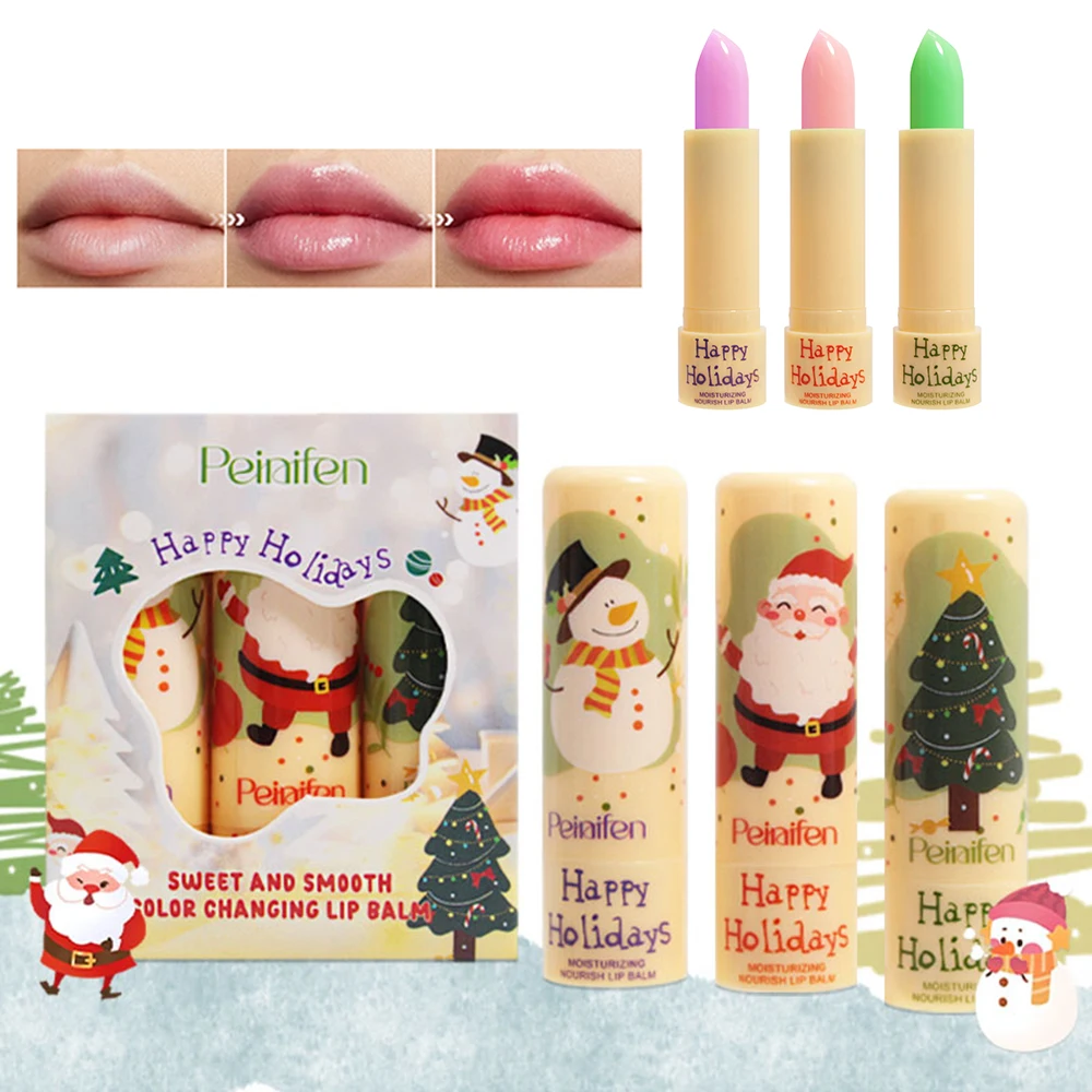Christmas 3-Pack Color-Changing Lip Balm Set, Hydrating, Moisturizing for Diminishing Lip Lines, and Exfoliating Dead Skin