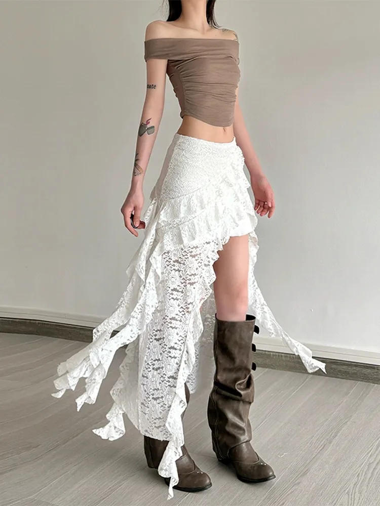 Seksowna spódnica z koronkowym wykończeniem, asymetryczna, z wysokim stanem, wyszczuplająca, w stylu koreańskim, do pracy, o kroju litery A, z poliestru.