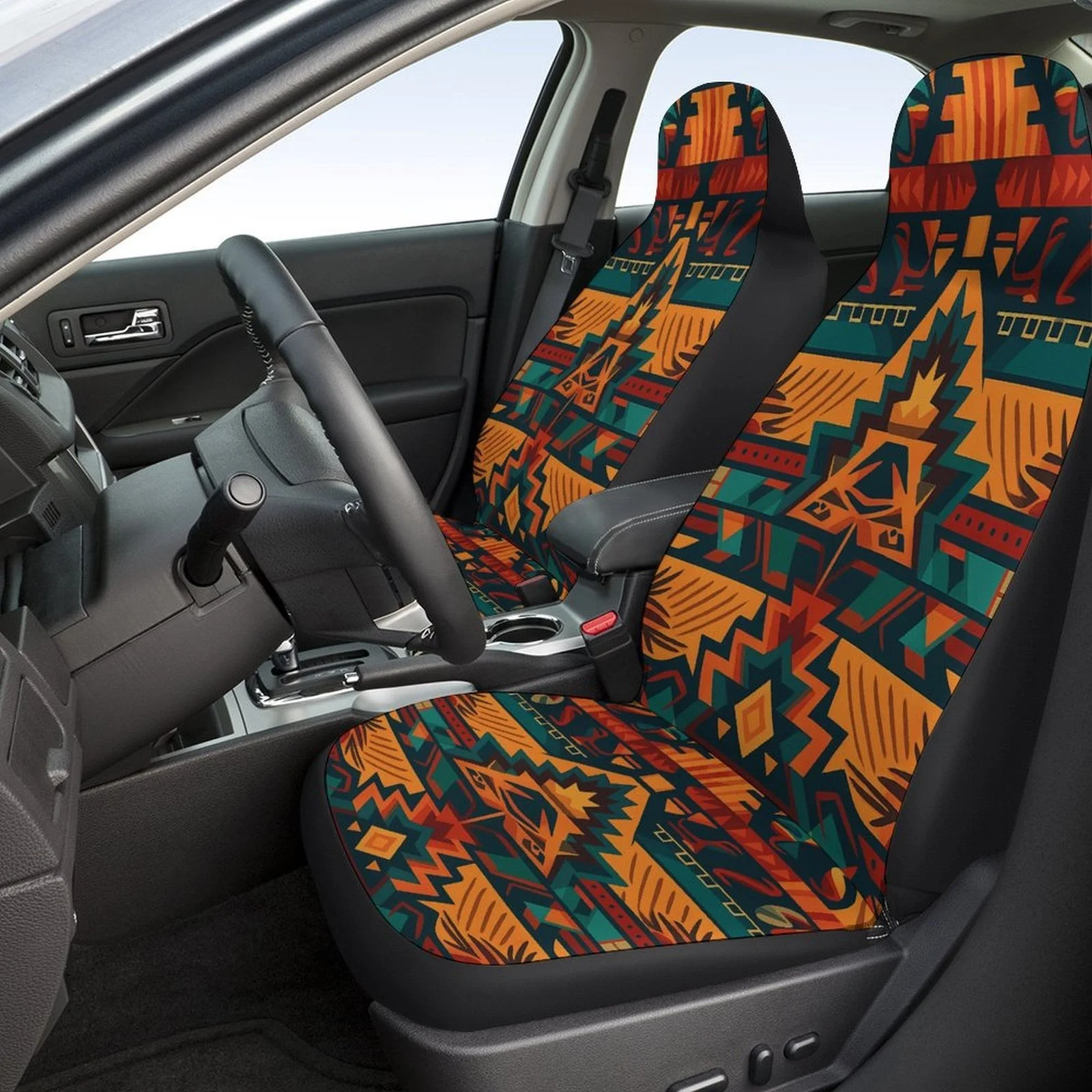 Aztec Ethnic Pattern Car Seat Cover Set - Vibrant Tribal Design, Durable Polyester, Fit For Most Cars, All-Season Use, Machine W