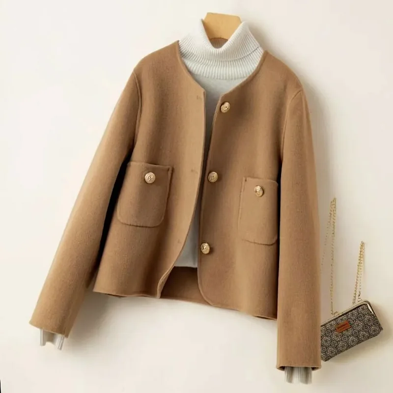 Spring Autumn 2025 New O-Neck Woolen Short Coat Women Female Korean Fashion Single-Breasted High-Quality Wool Jacket Female B733