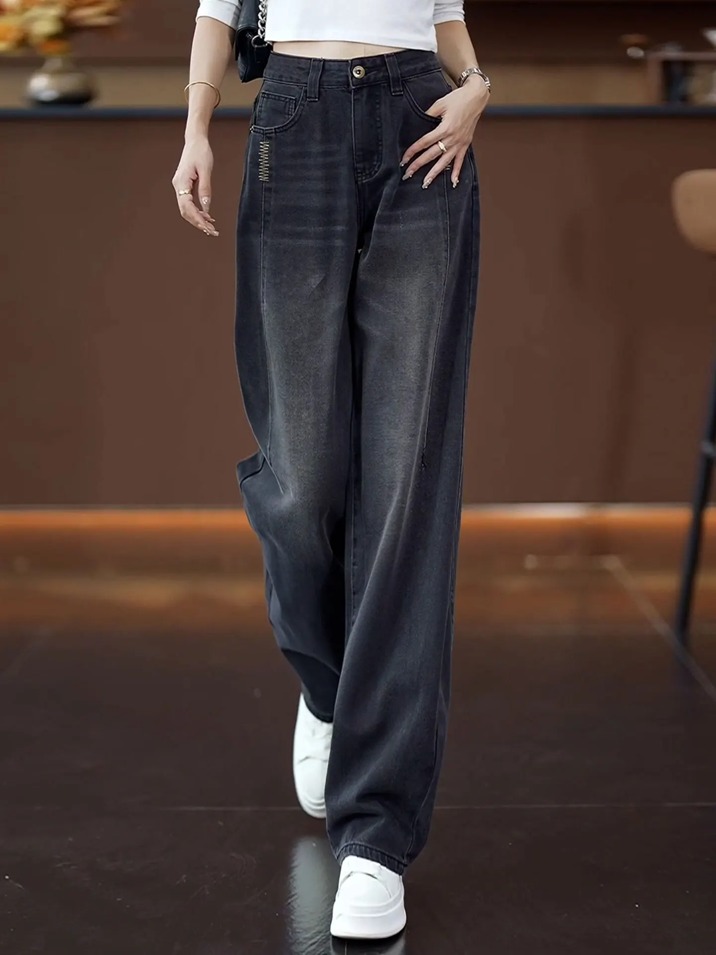 

New Women's High Waist Loose Fit Fleece Lined Nine-Tenths Knife Denim Jeans Casual Straight Leg Pants Cotton Stretch