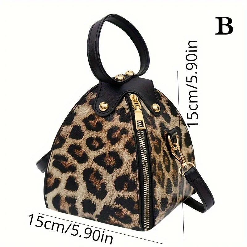 PU Leather Triangle Bag, Single Shoulder Crossbody, Portable Leopard Pattern, Chic Small Handbag With Zipper And Detachable Stra