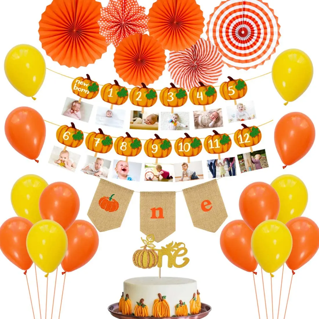 

Little Pumpkin 1st Birthday Decorations with Pumpkin Photo Banner, One Cake Topper, Highchair Banner, Orange Paper Fans