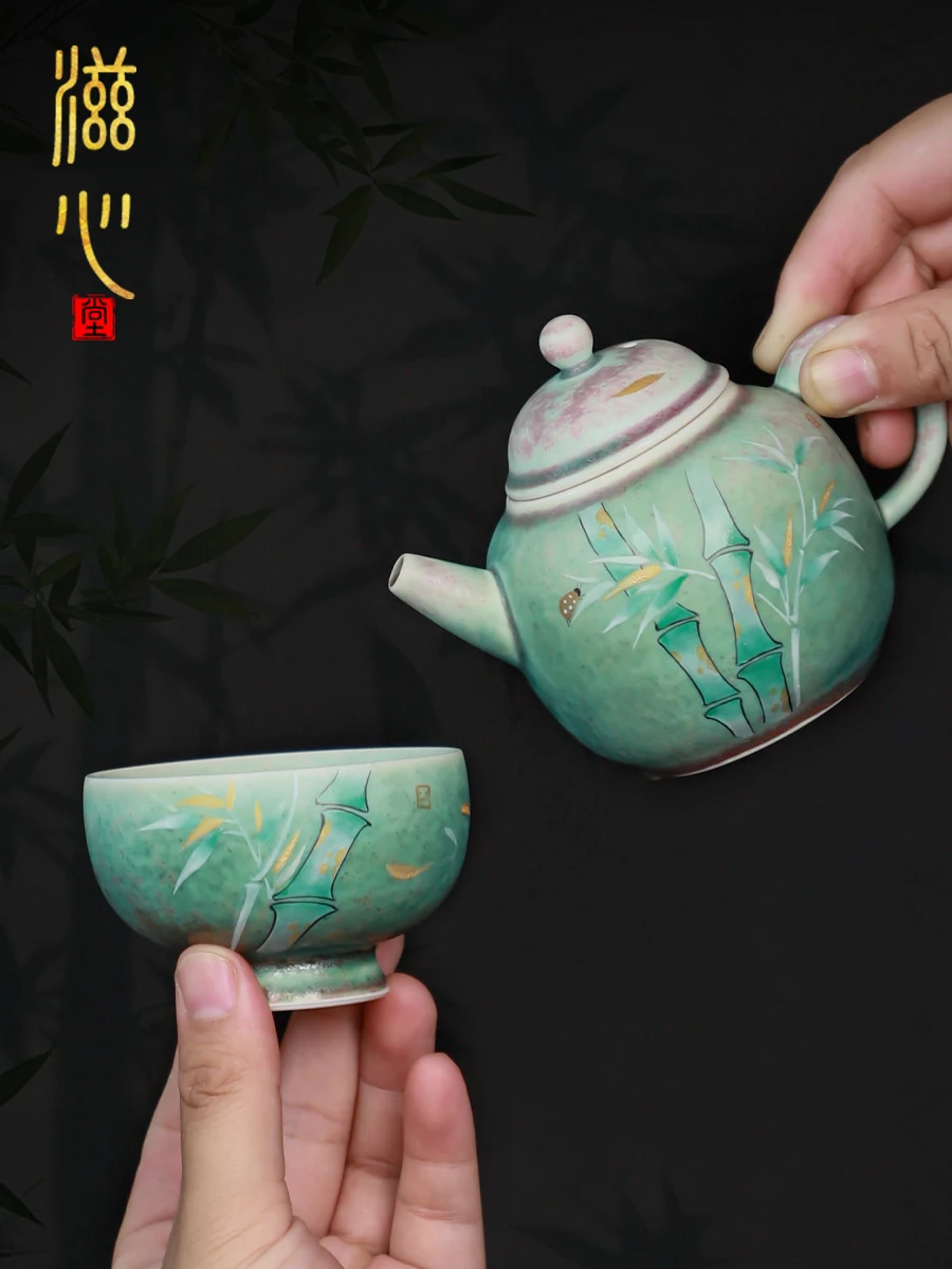 High-End Hand-Painted Bamboo Kiln Baked Handmade Teapot One Pot Cup Green Gradient Glaze Teacup Tea Set Daily Making Gift
