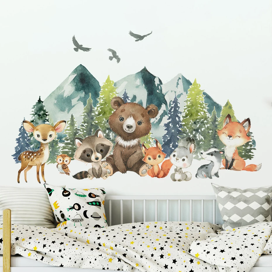 Watercolor Forest Animals Bear Deer Wall Stickers for Kids Rooms Nursery Wall Decals Boys Room Decoration Cartoon Animals Mural