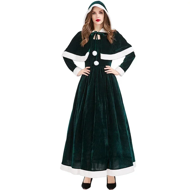 

Women Christmas Cloak Dress 2Pcs/Set Up Winter Velvet Red Mrs Claus Santa Cosplay Costume Xmas Holidays Party Fancy Dress Suits