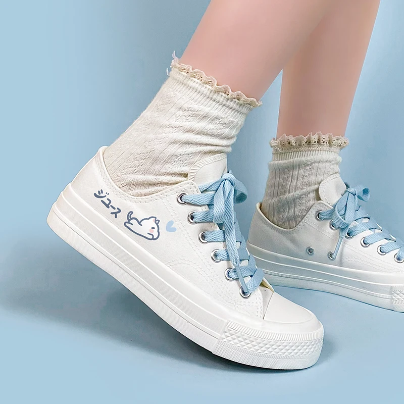 Amy and Michael 2022 New Lovely Anime Canvas Shoes Lower Flat Casual White Sneakers Girls Students Lace Up Woman Vulcanize Shoes