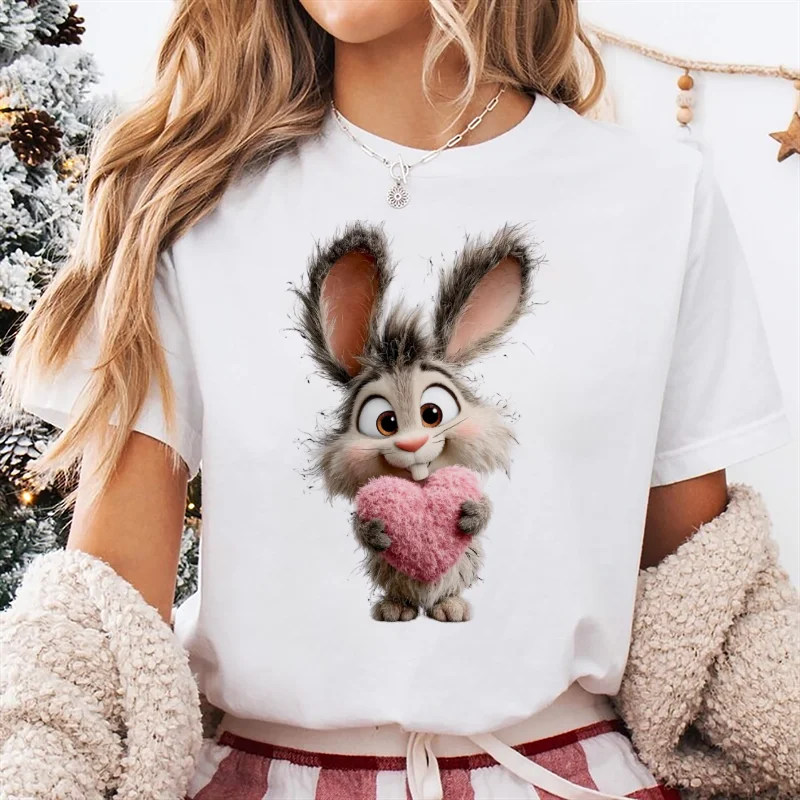 Camiseta con estampado de dibujos animados de conejo dulce, ropa de manga corta, estilo del Día de San Valentín de los años 90, Top de cuello redondo estampado, camiseta bonita