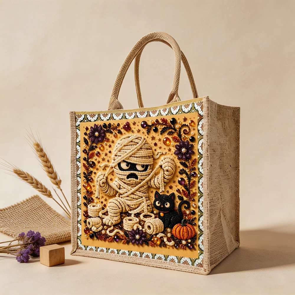 Halloween Shopping Tote Bag DIY Diamond Painting Mummy Pearl Rhinestone Jute Handbag Grocery Bag Trick or Treat Gift Bag