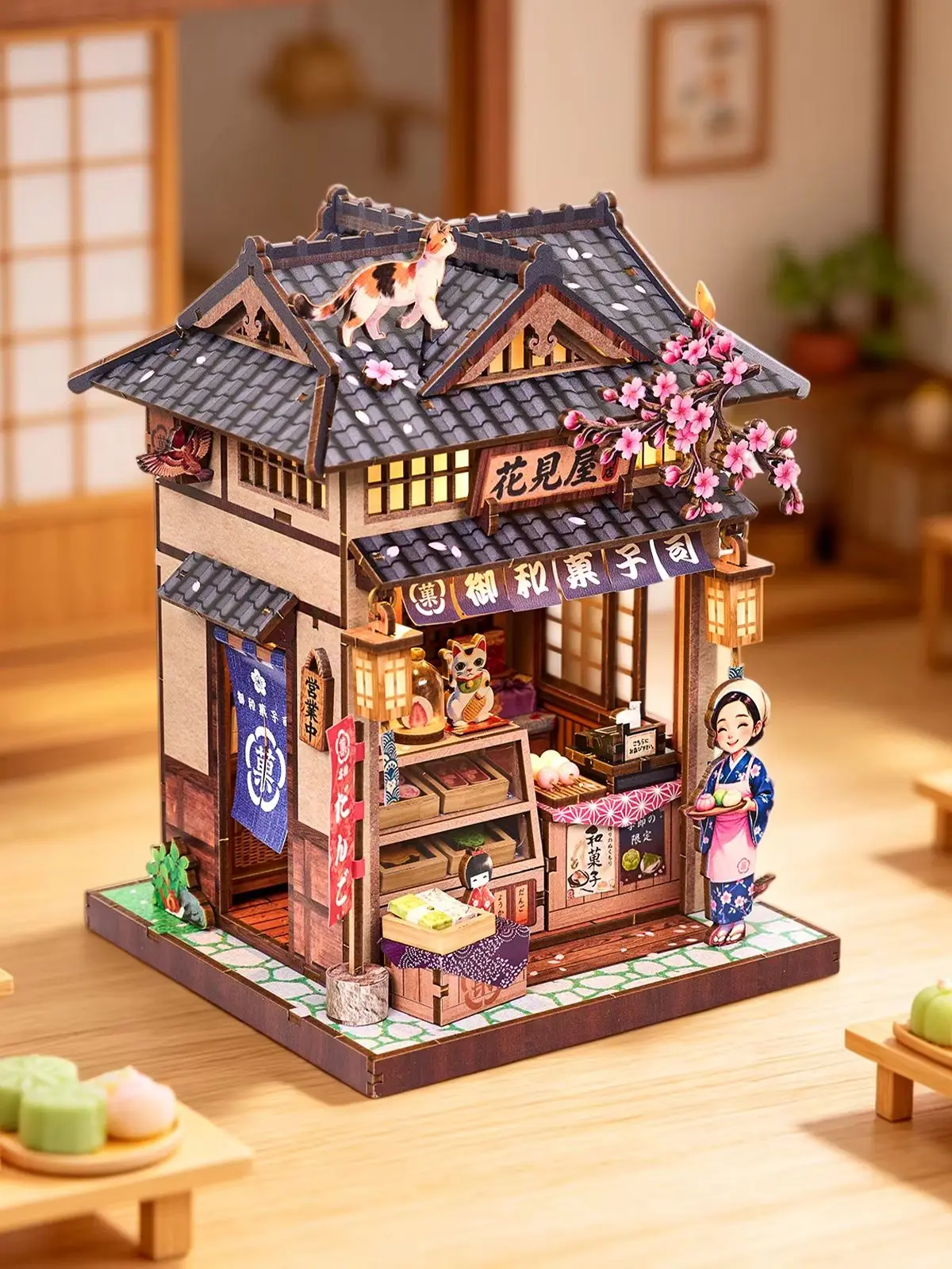 DIY Miniatur-Puppenhaus Buchnischen-Set 3D Holzpuzzle Hanamiya Japanischer Wagashi-Laden Modell Bausatz Heimdekoration Geschenke