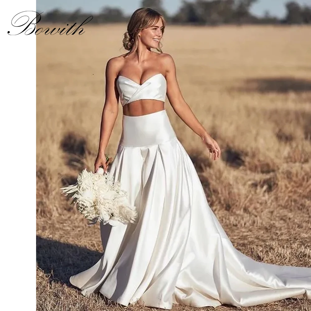 

Bowith Boho Wedding Dresses 2 Piece Satin Bridal Gown Customized Party Dresses Strapless Floor-Length Bridal Wedding Gown