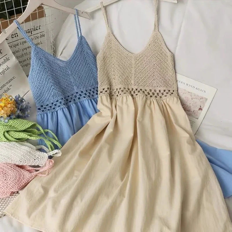 Weißes Kleid für Damen 2022, Vestidos De Mujer, V-Ausschnitt, ärmellos, lose Schlinge, Robe Femme, lose, aushöhlen, Sommer, süße Kleider