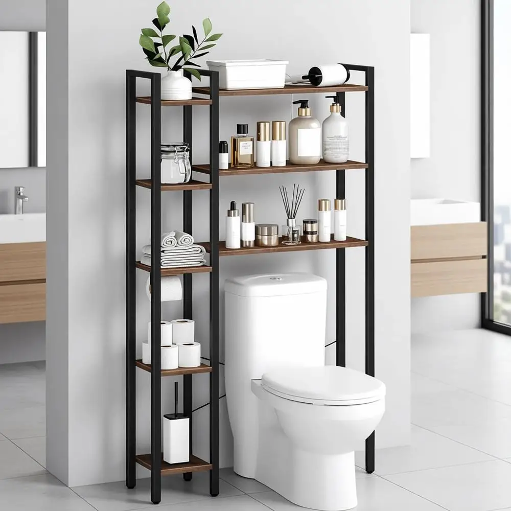 

8-ярусный органайзер для хранения над унитазом, компактная полка для ванной комнаты, держатель для туалетной бумаги, в деревенском стиле, коричневый и черный