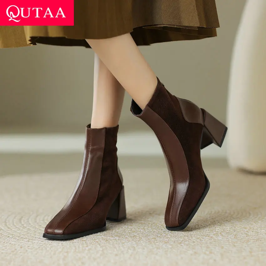 QUTAA 2024 Women Ankle Boots Flock Square High Heel Shoes Woman Genuine Leather Casual Office Working Size 34-39