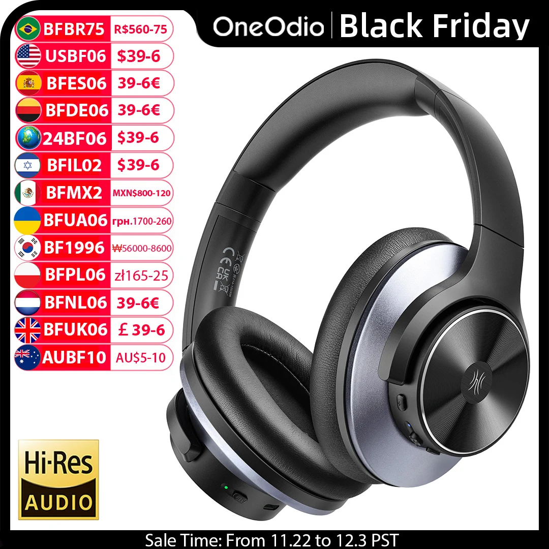 Oneodio A10 Bluetooth 5.4 Headphones Hybrid Active Noise Cancelling With Hi-Res Audio Over Ear Wireless Headset ANC With 5-Mic