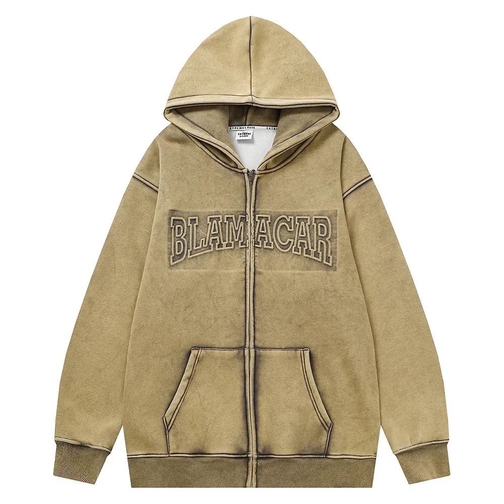 2023 Wholesale Sand color embossed sweatshirt Designer hiphop style embossed hoodie heavyweight washed zip up hoodie