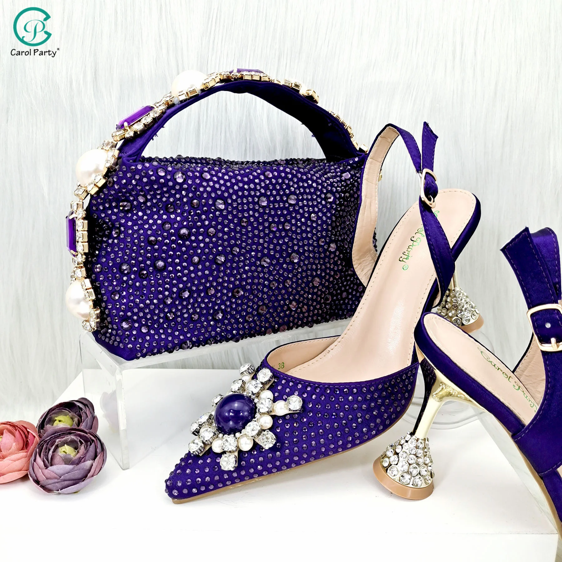 

Carol Party Italian Design Ladies' Purple Luxury Rhinestone Pearl Decorate Heels Women's Party Wedding Shoes And Bag Set